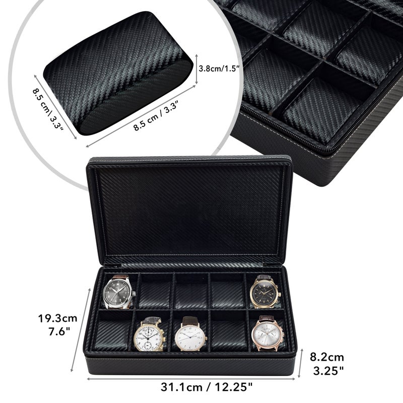 TIMELYBUYS 10 Watch Briefcase Black Carbon Fiber Zippered Travel Storage Case 50MM Father's Day - Image 2